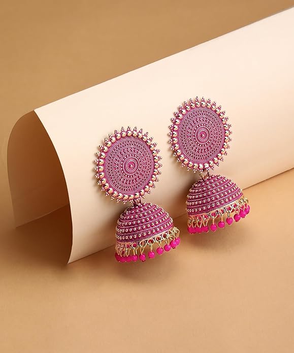 Earrings For Women Traditional Gold Plated Floral Golden Pink Jhumkas Pearl Studded Drop Earrings For Women Gift For Sister