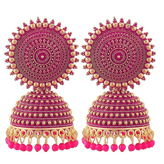Earrings For Women Traditional Gold Plated Floral Golden Pink Jhumkas Pearl Studded Drop Earrings For Women Gift For Sister