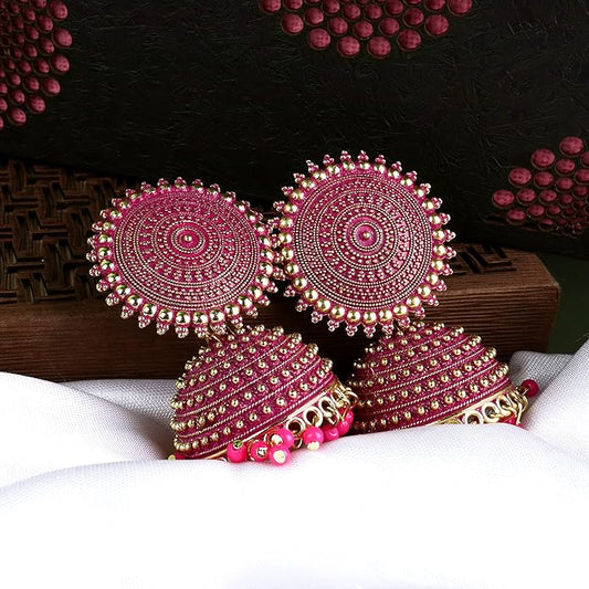 Earrings For Women Traditional Gold Plated Floral Golden Pink Jhumkas Pearl Studded Drop Earrings For Women Gift For Sister